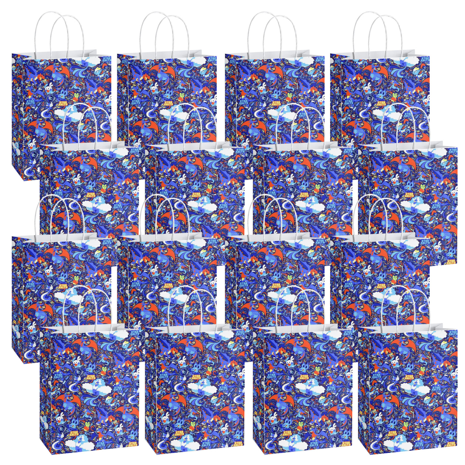 SALQGBUW-Pokemon 16 Pcs Party Paper Gift Bags – Cute Cartoon Favor Bags for Kids' Birthday, Baby Shower, Classroom Treats, and Party Supplies for Boys and Girls